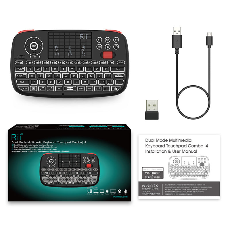 Rii i4 Mini Wireless Bluetooth Dual Mode Keyboard with Touchpad, Blacklit Portable Wireless Keyboard with 2.4G USB Dongle for Smartphone,PC
