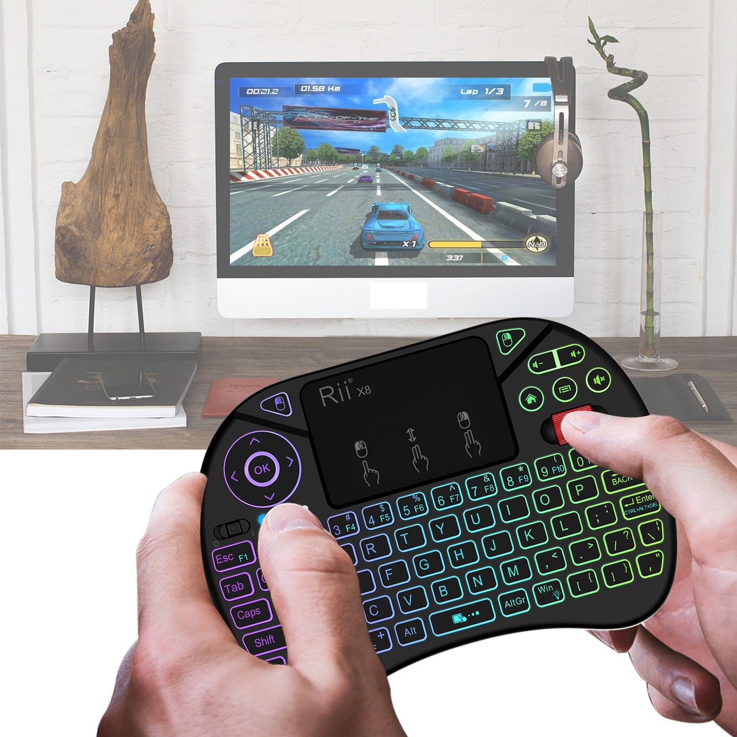 Rii X8 Portable 2.4GHz Mini Wireless Keyboard Controller with Touchpad Mouse Combo,8 Colors RGB Backlit,Rechargeable Li-ion Battery for Google Android TV Box, PS3, PC, Pad,Nvidia Shield